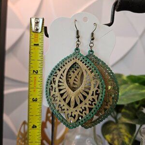 Green Gold Oversized, Lightweight Wooden Elaborate Dangle Earrings
